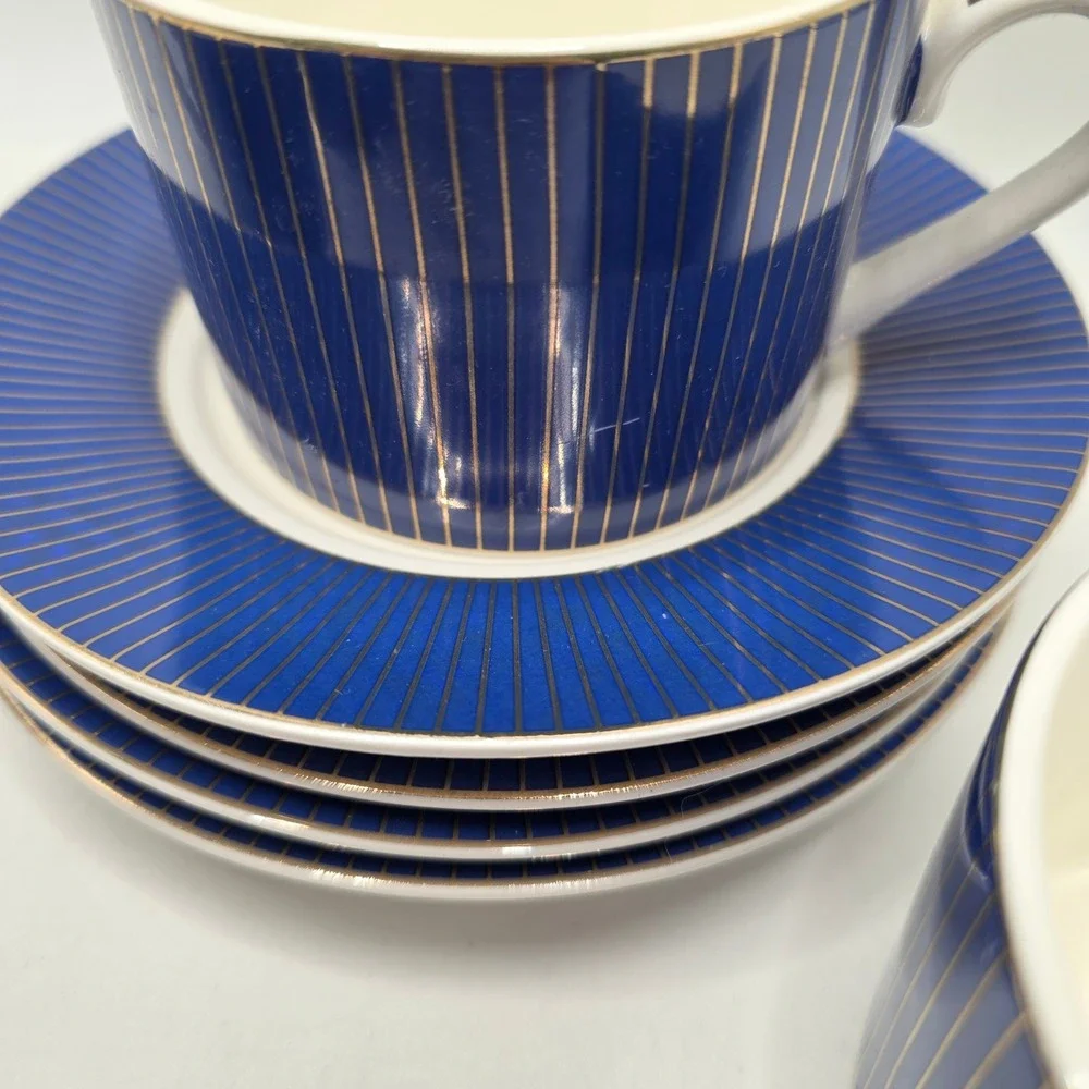 Cobalt Blue‎ Gold Pinstripe Tea Cup & Saucer Set 4 Fine Porcelain Tea Party